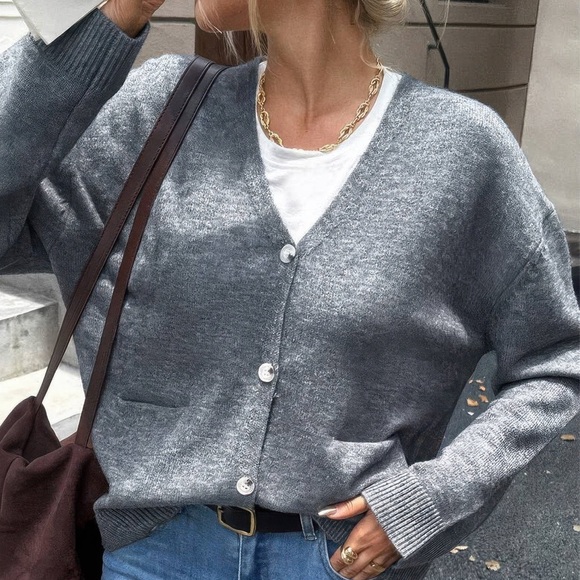 Knit Solid V Neck Button Pockets Sweater - Picture 2 of 3